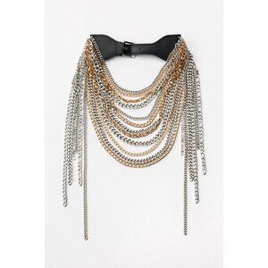 Zara Gold Silver Multi Chain Heavy Black Faux Leather Belt READ ME 4736/314/808
